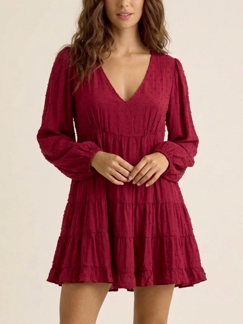 Urban Outfitters Red Swiss Dot Long Sleeve Babydoll Dress Size Small V-Neck